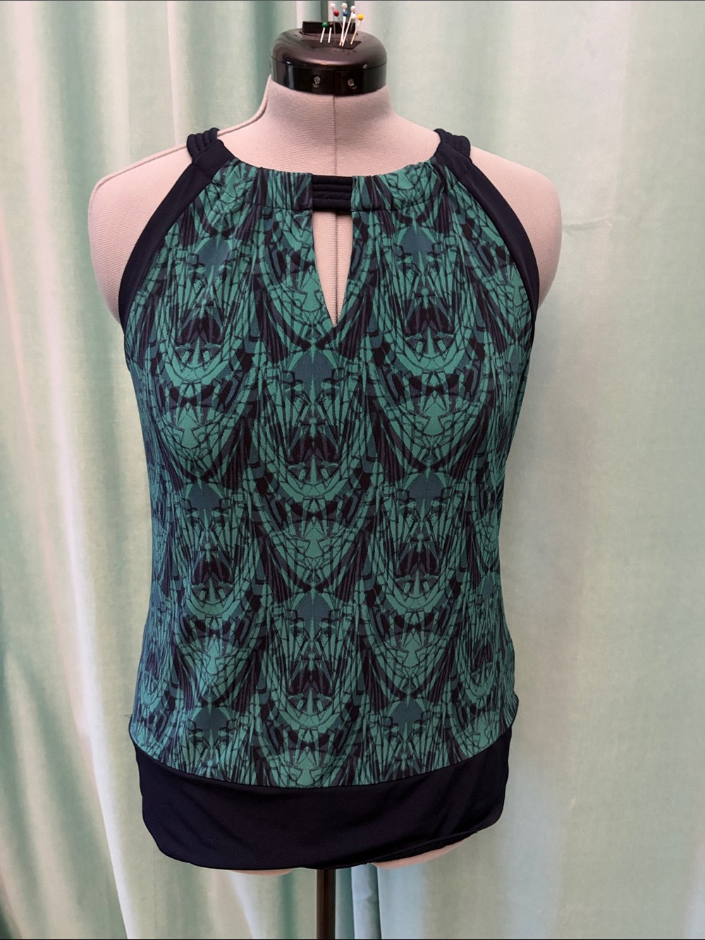 Banana Republic Green Patterned Halter Top with Navy Trim
